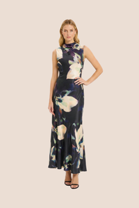 Printed Floral Halter Cowl Neck Dress | Black/Cream