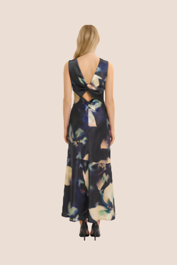 Printed Floral Halter Cowl Neck Dress | Black/Cream