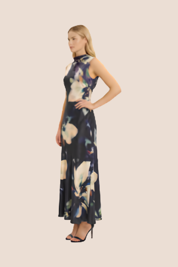 Printed Floral Halter Cowl Neck Dress | Black/Cream