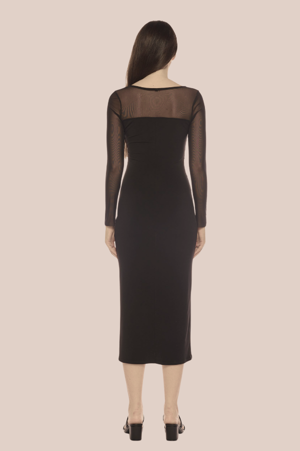 Long-Sleeve Mesh Jersey Dress | Black/Black