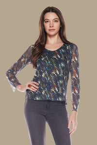 Long Sleeve Scoop Neck Mesh Tee | Navy Green Print