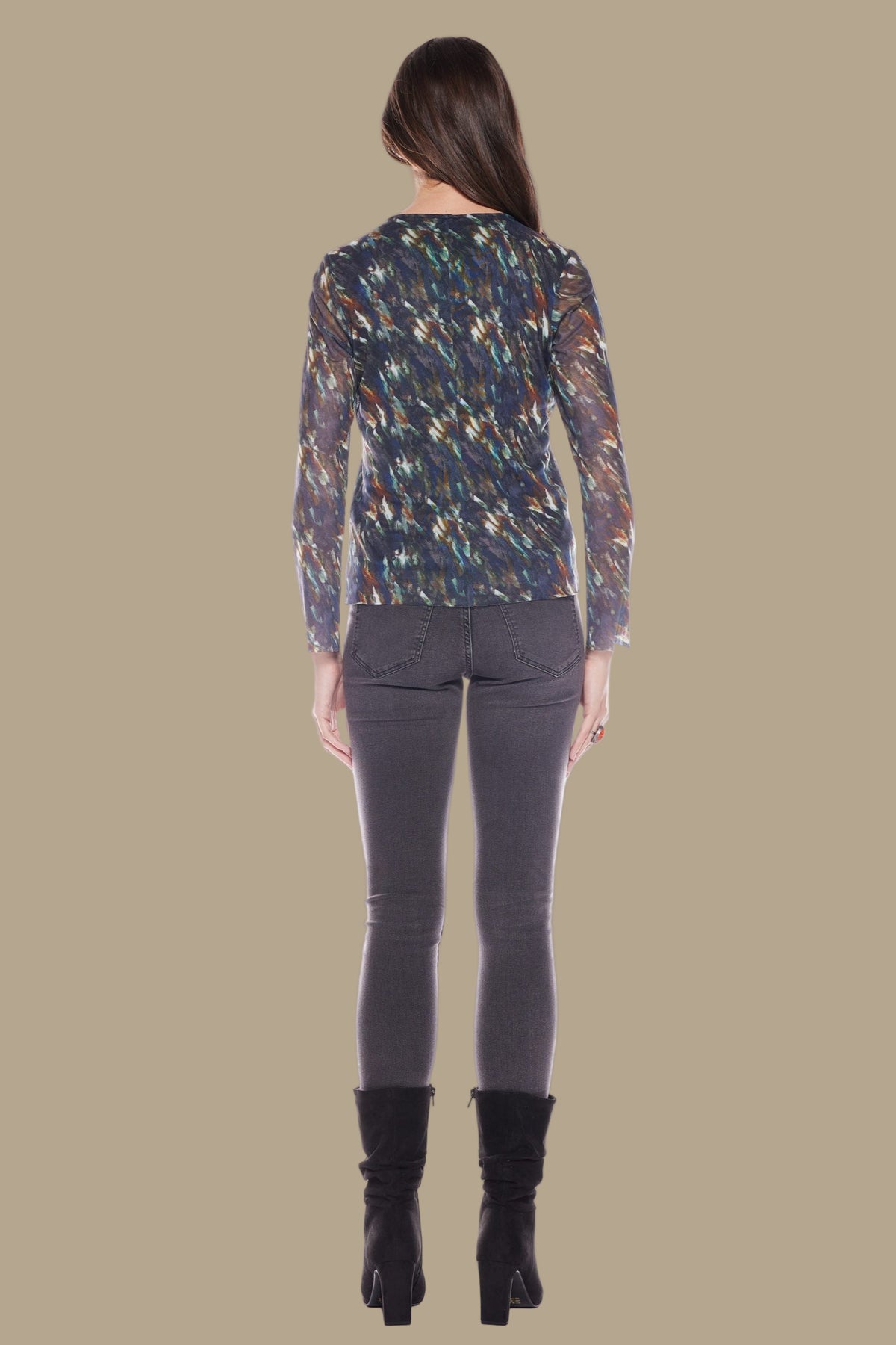 Long Sleeve Scoop Neck Mesh Tee | Navy Green Print