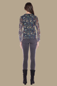 Long Sleeve Scoop Neck Mesh Tee | Navy Green Print