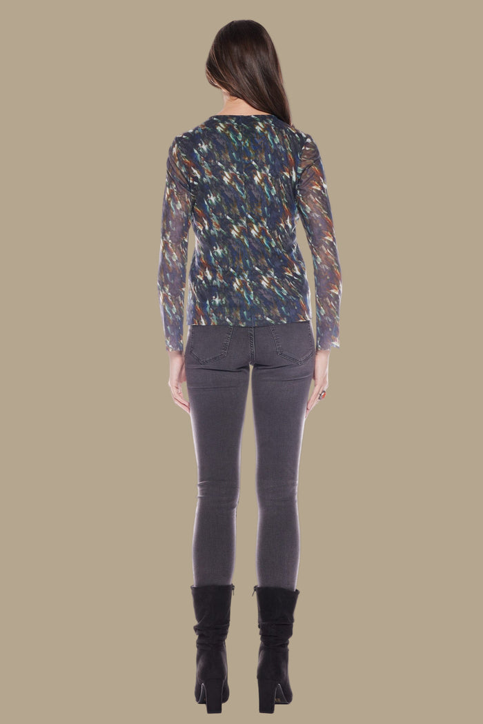 Long Sleeve Scoop Neck Mesh Tee | Navy Green Print