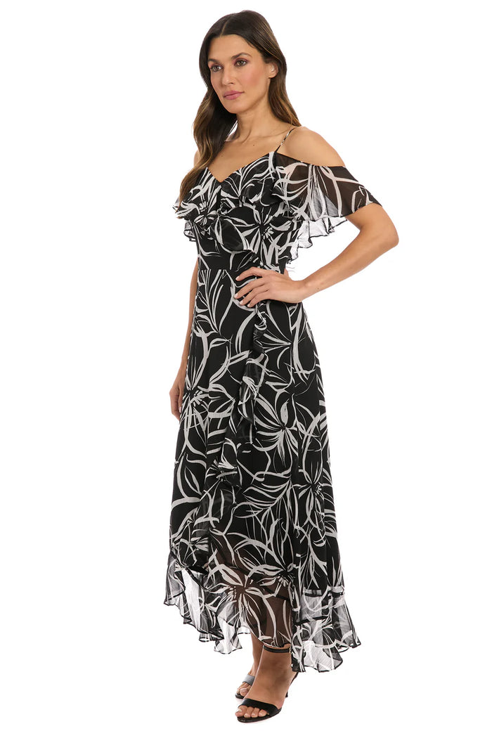 Cold Shoulder Ruffle Wrap Maxi Dress | Black/White