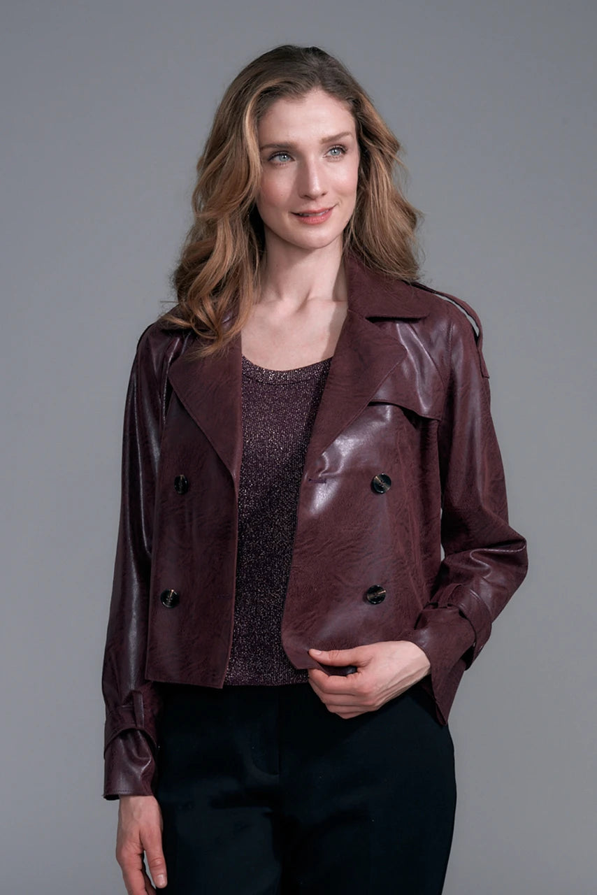 Crop French Faux Leather Jacket | Wine