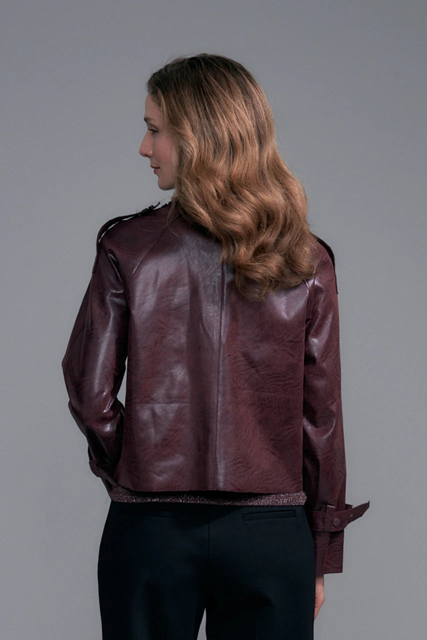 Crop French Faux Leather Jacket | Wine