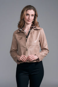 Crop Zip Faux Leather Jacket | Warm Taupe, Black