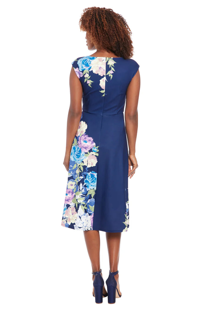 Sleeveless Scuba Crepe Placement Print A-Line Dress | Navy/Blush