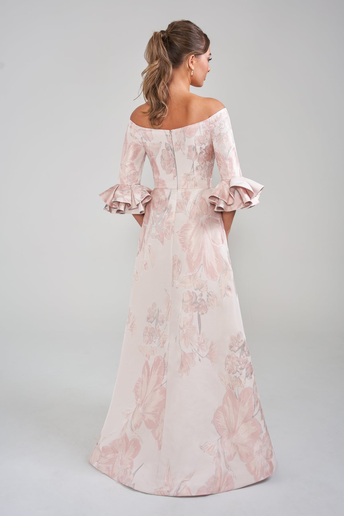 Jade Couture K288022 Ruffle Sleeve Off the Shoulder Jacquard Gown