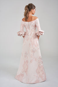 Jade Couture K288022 Ruffle Sleeve Off the Shoulder Jacquard Gown