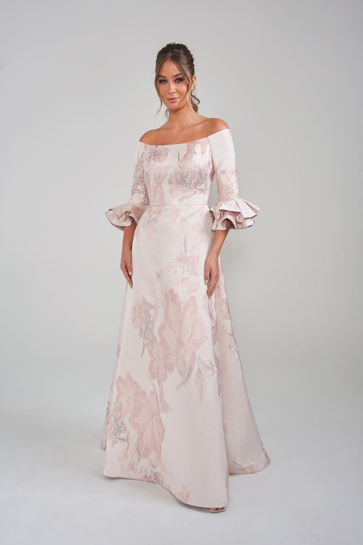 Jade Couture K288022 Ruffle Sleeve Off the Shoulder Jacquard Gown