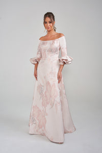 Jade Couture K288022 Ruffle Sleeve Off the Shoulder Jacquard Gown
