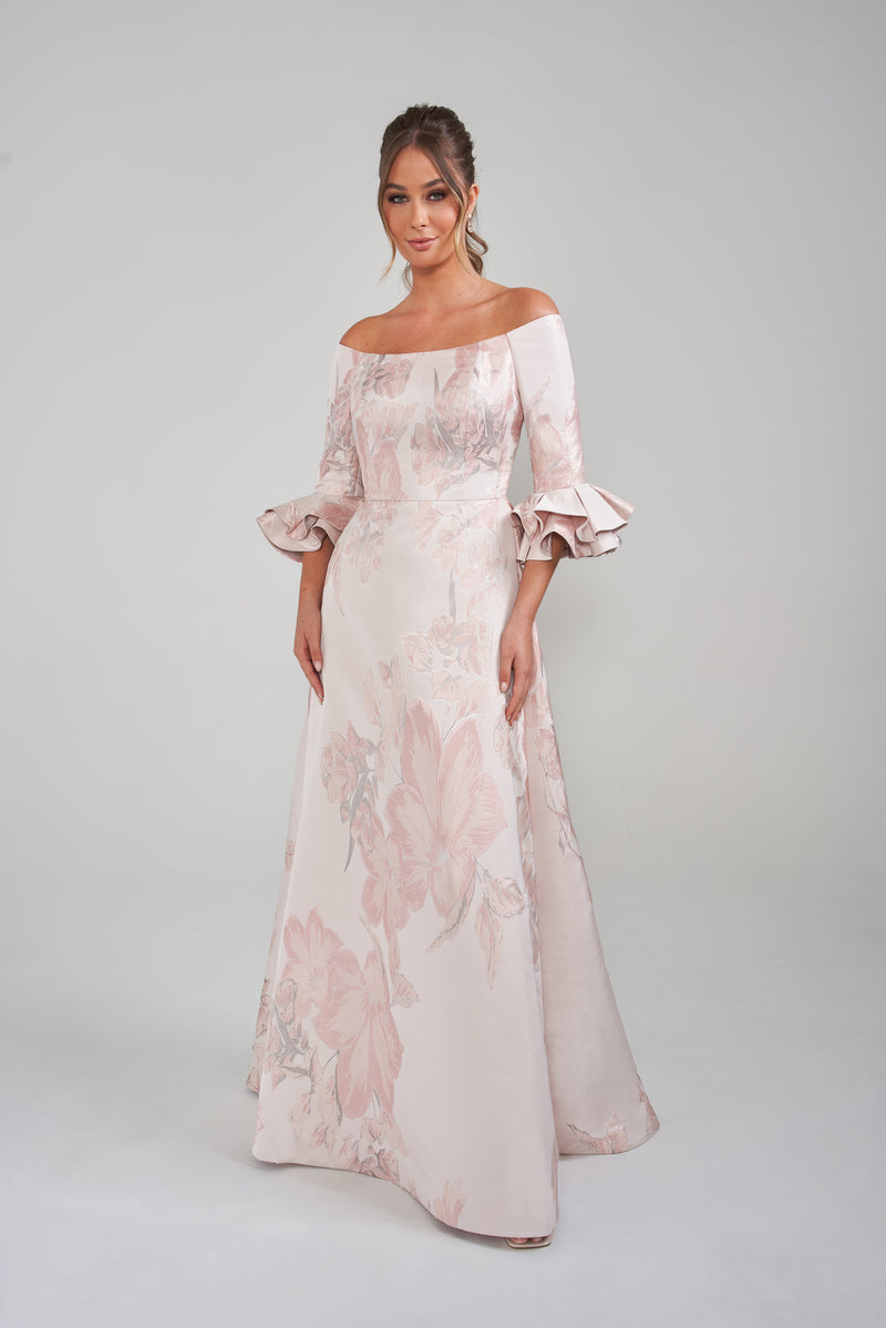 Jade Couture K288022 Ruffle Sleeve Off the Shoulder Jacquard Gown