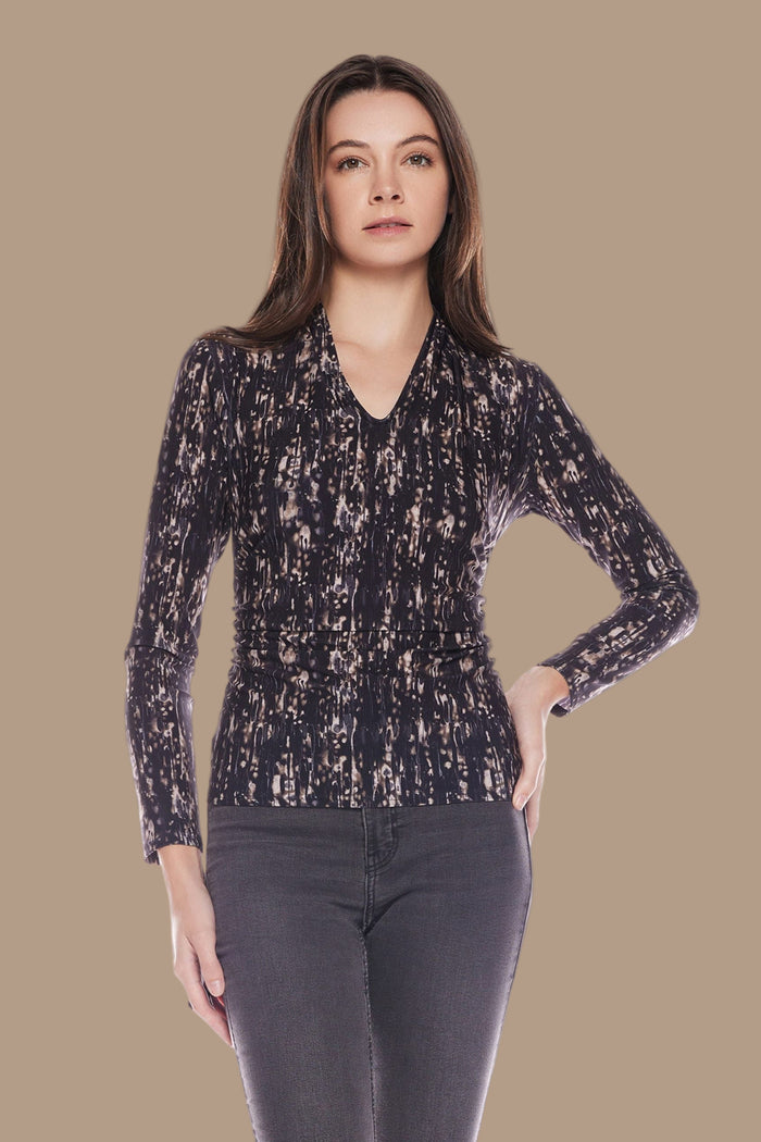 Long-sleeve Rouched V-Neck Top | Brown/Black