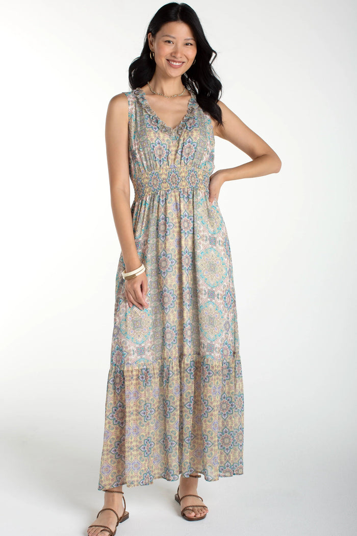 Sleeveless Smocked Waist Woven Maxi Dress | Citron Multi