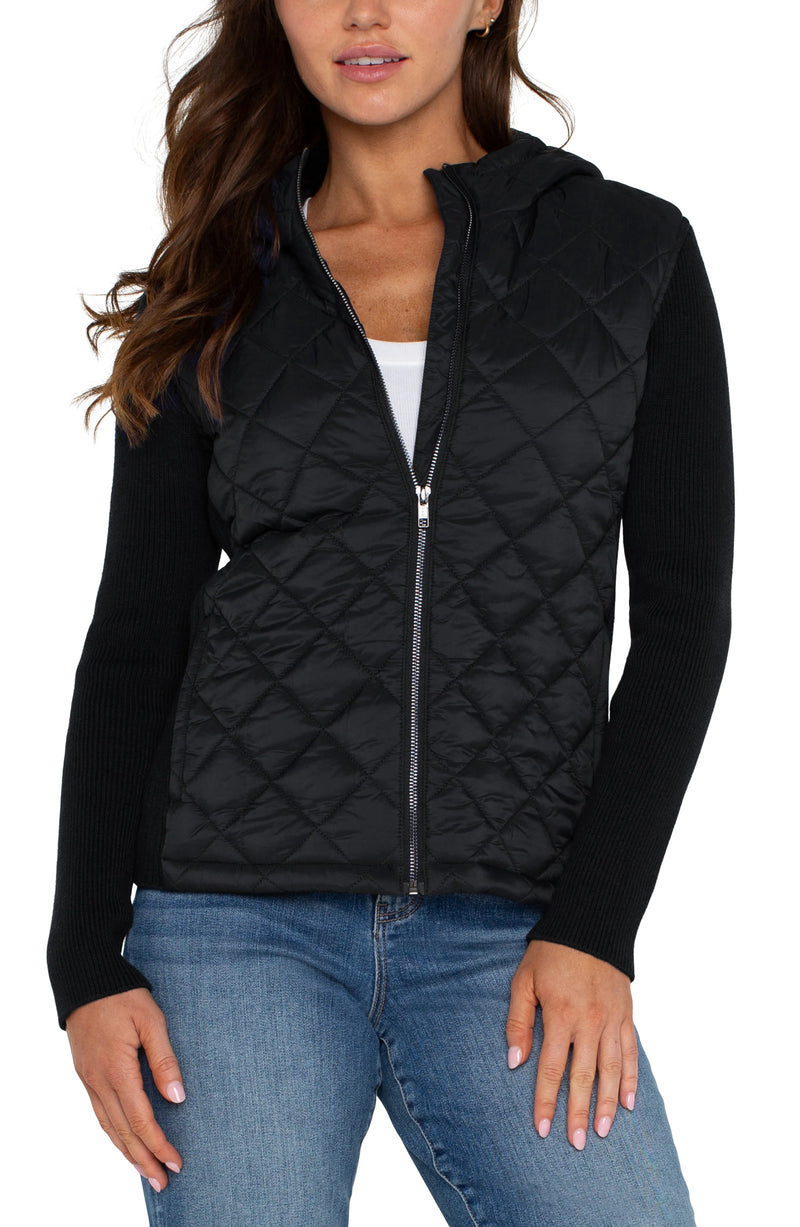 Quilted Front Full Zip Hooded Sweater | Black