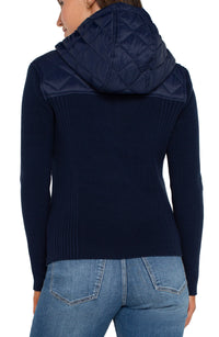 Quilted Front Full Zip Hooded Sweater | Dark Navy