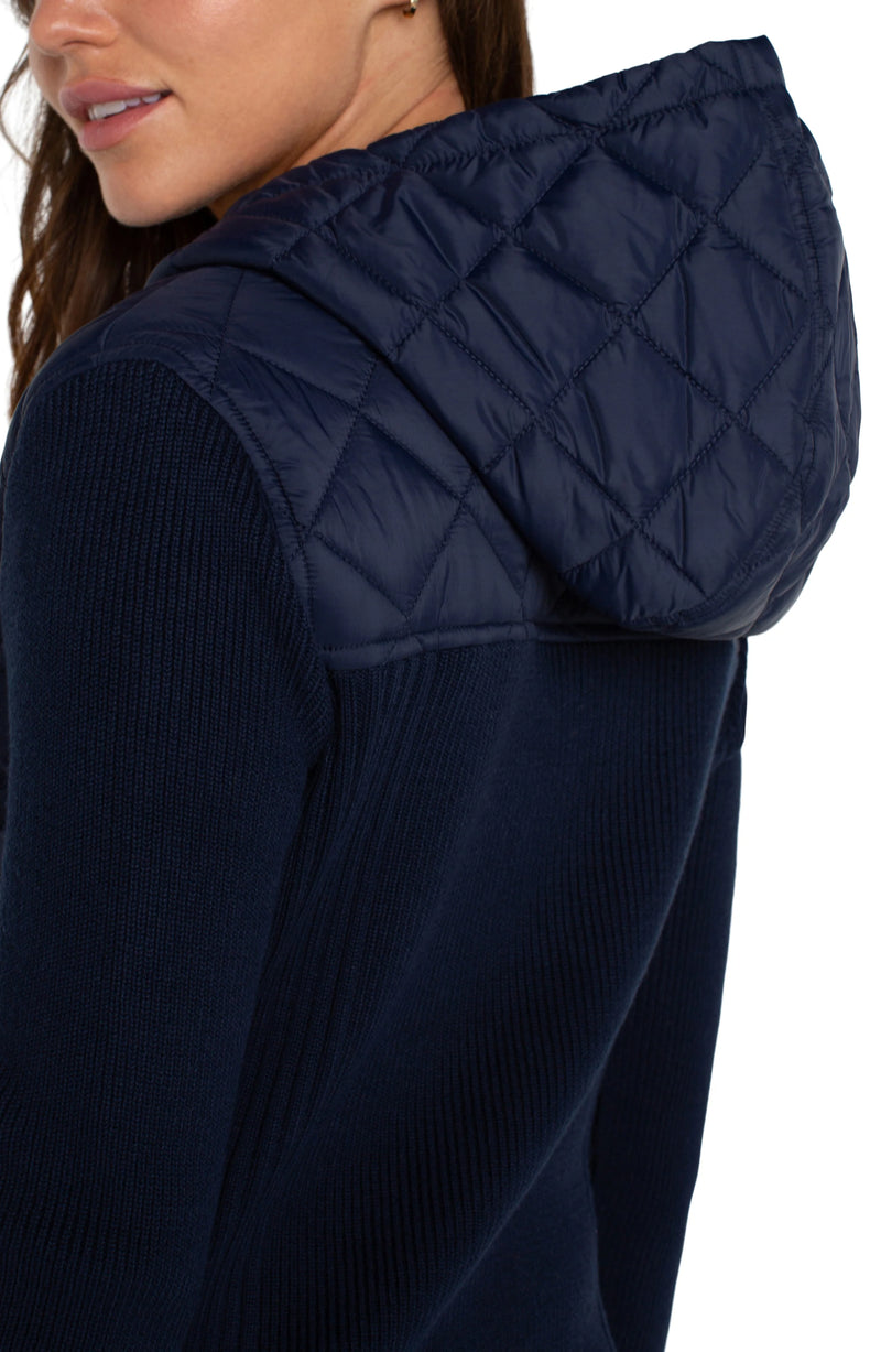 Quilted Front Full Zip Hooded Sweater | Dark Navy