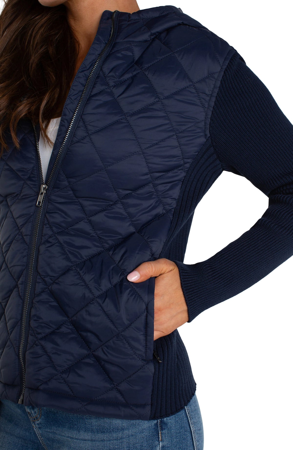 Quilted Front Full Zip Hooded Sweater | Dark Navy