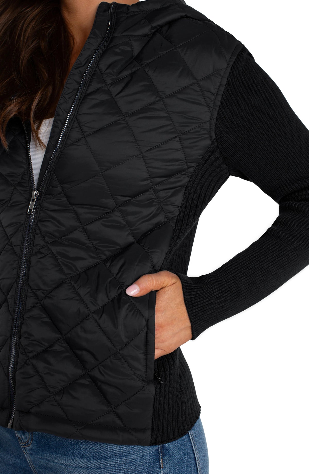 Quilted Front Full Zip Hooded Sweater | Black