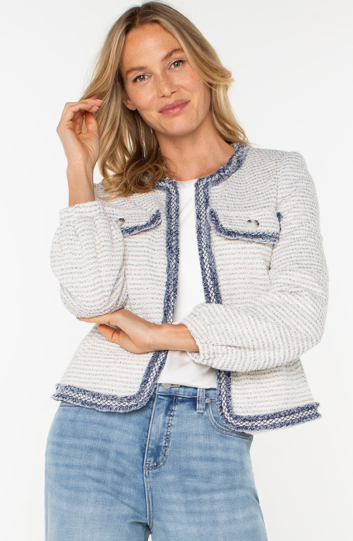 Collarless Jacket w/ Fray Detail | Cream Navy Boucle