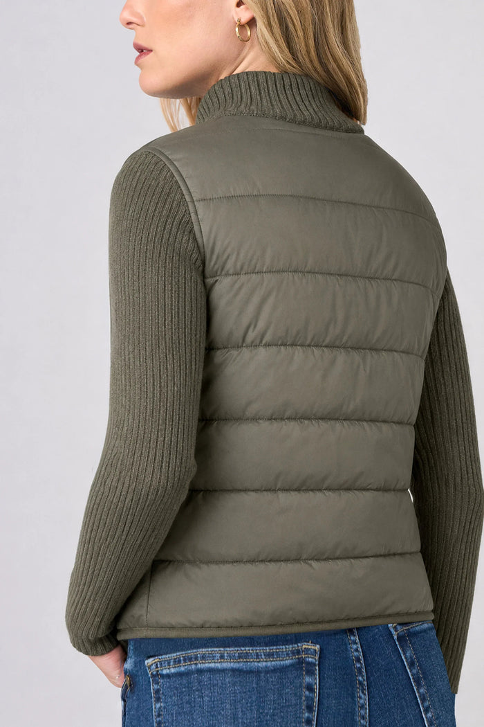 Long-Sleeve Zip Front Quilted Sweater Jacket | Heather Olive