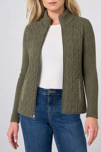 Long-Sleeve Zip Front Quilted Sweater Jacket | Heather Olive