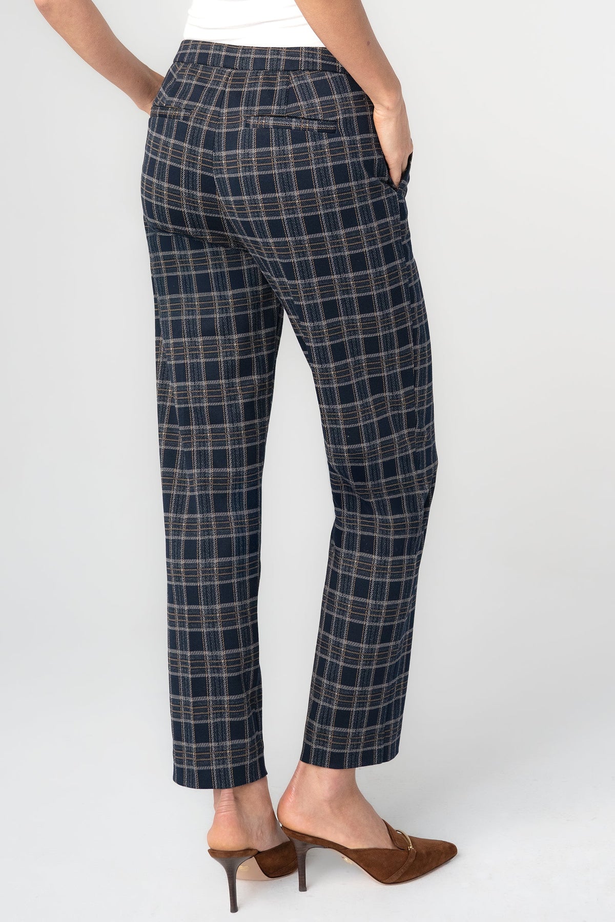 Kayla Pull On Trouser 28" Inseam | Navy/Tan Plaid