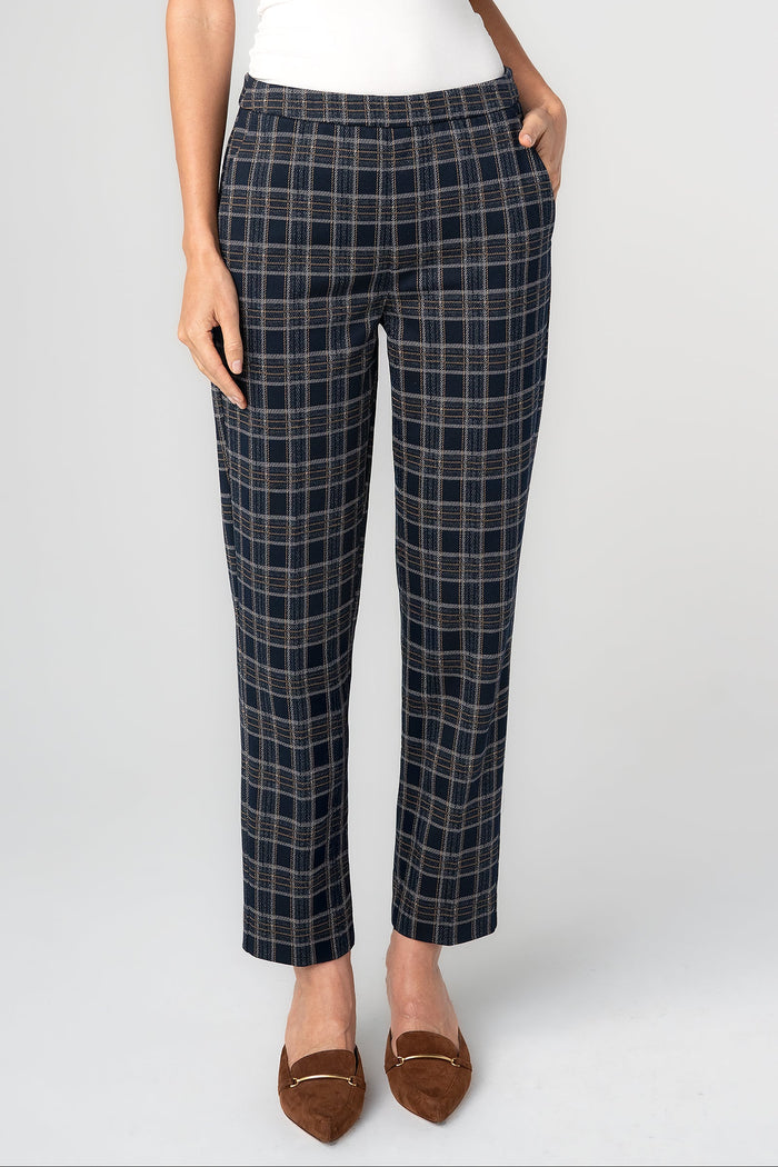 Kayla Pull On Trouser 28" Inseam | Navy/Tan Plaid