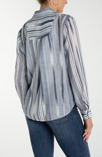 Long Sleeve Button Front Woven Shirt with Back Seaming | White Chambray Stripe