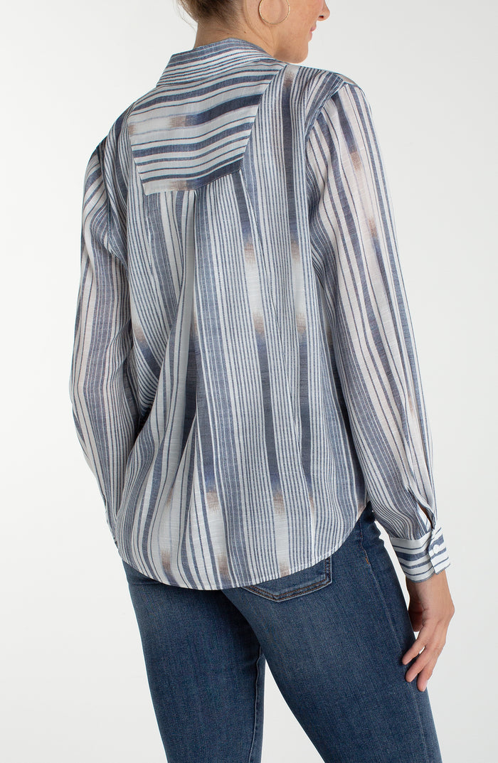 Long Sleeve Button Front Woven Shirt with Back Seaming | White Chambray Stripe