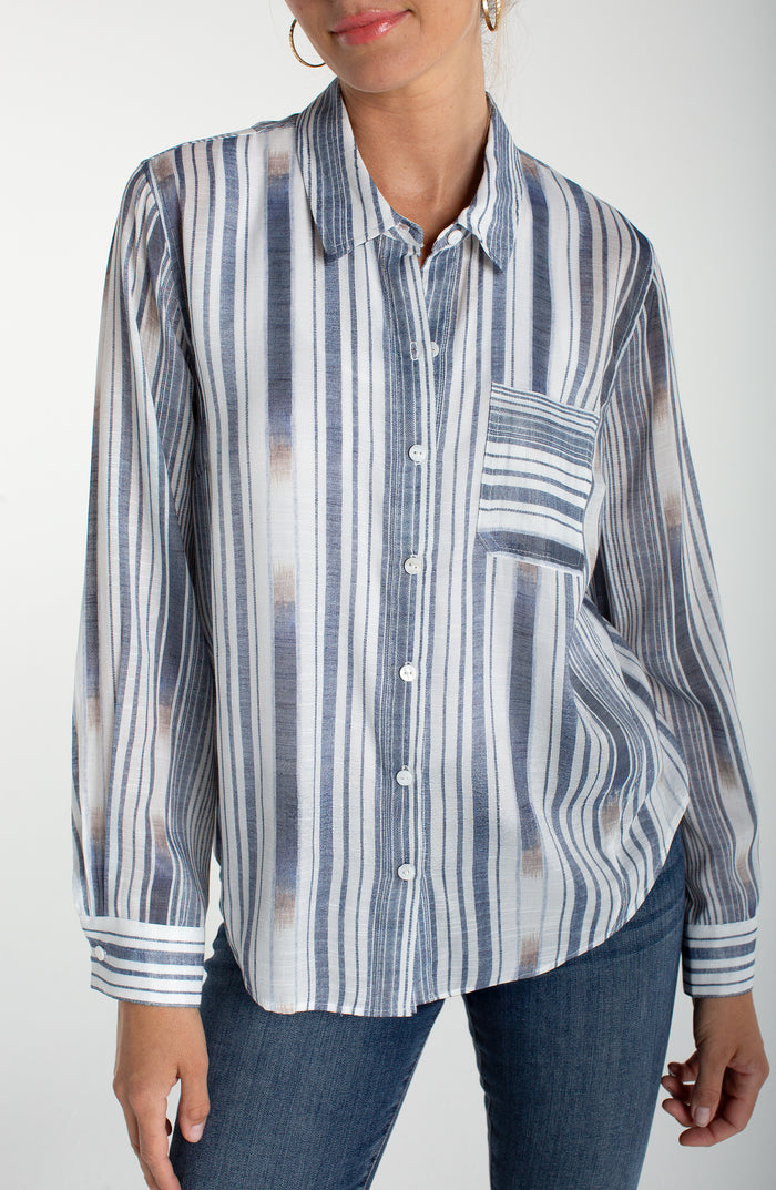 Long Sleeve Button Front Woven Shirt with Back Seaming | White Chambray Stripe