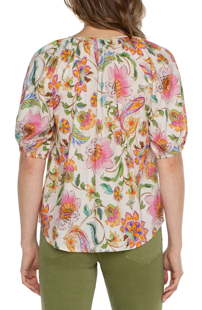 Liverpool Short Sleeve Button Front Shirred Woven Top | Pink Multi Flora