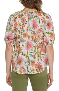 Liverpool Short Sleeve Button Front Shirred Woven Top | Pink Multi Flora