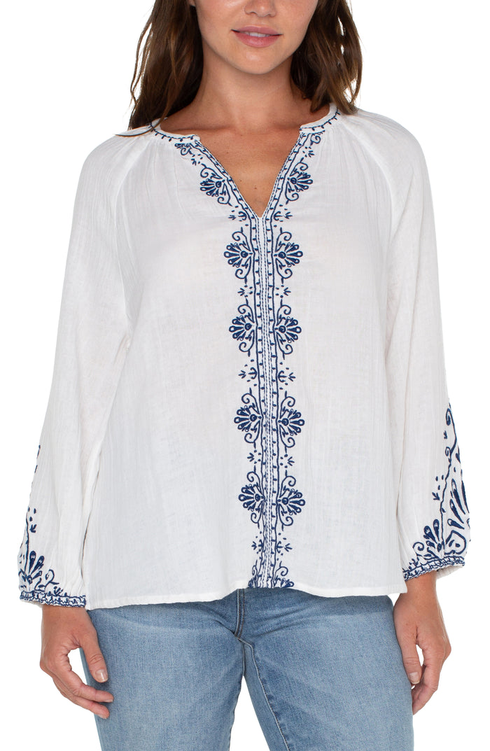 Long Sleeve Embroidered double Gauze Woven Top