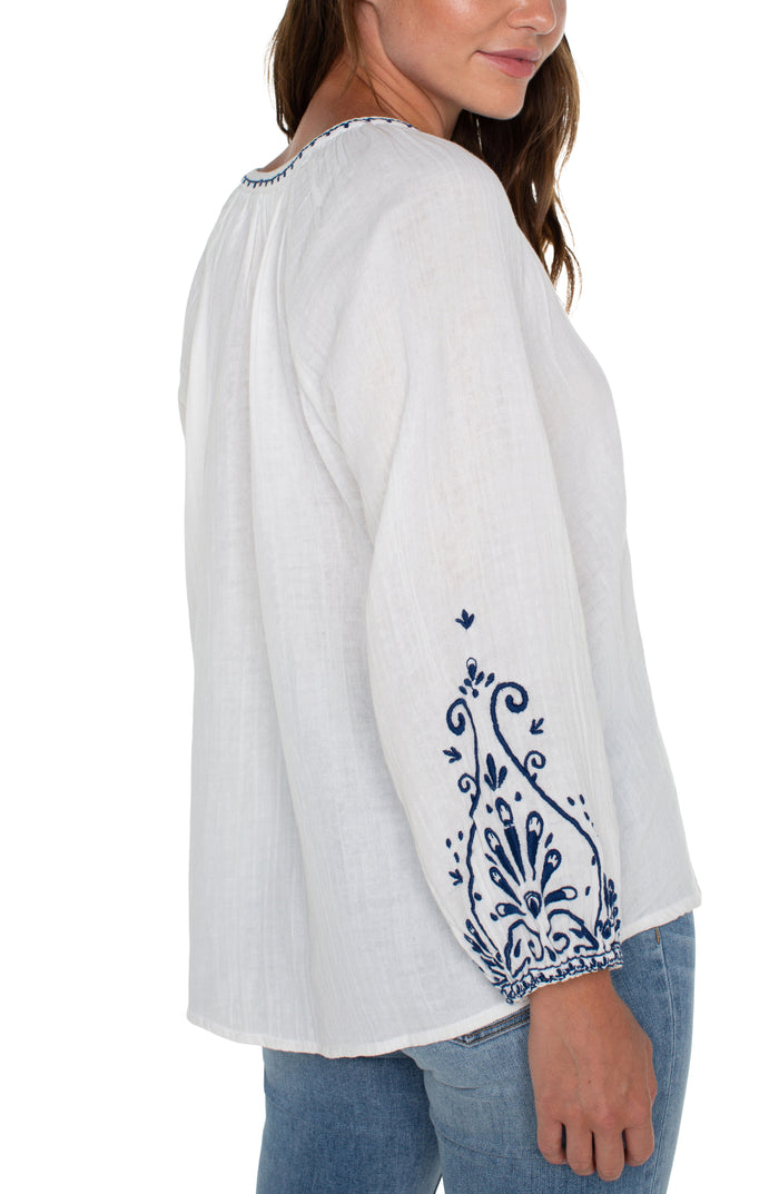 Long Sleeve Embroidered double Gauze Woven Top