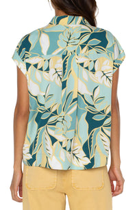 Liverpool Cropped Dolman Camp Shirt WIth Hidden Placket | Teal Tropical