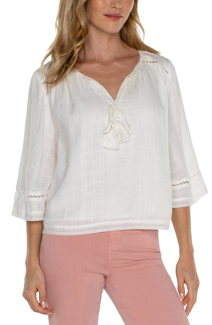 Liverpool Shirred Woven Tie Front Top with Trim | Off White