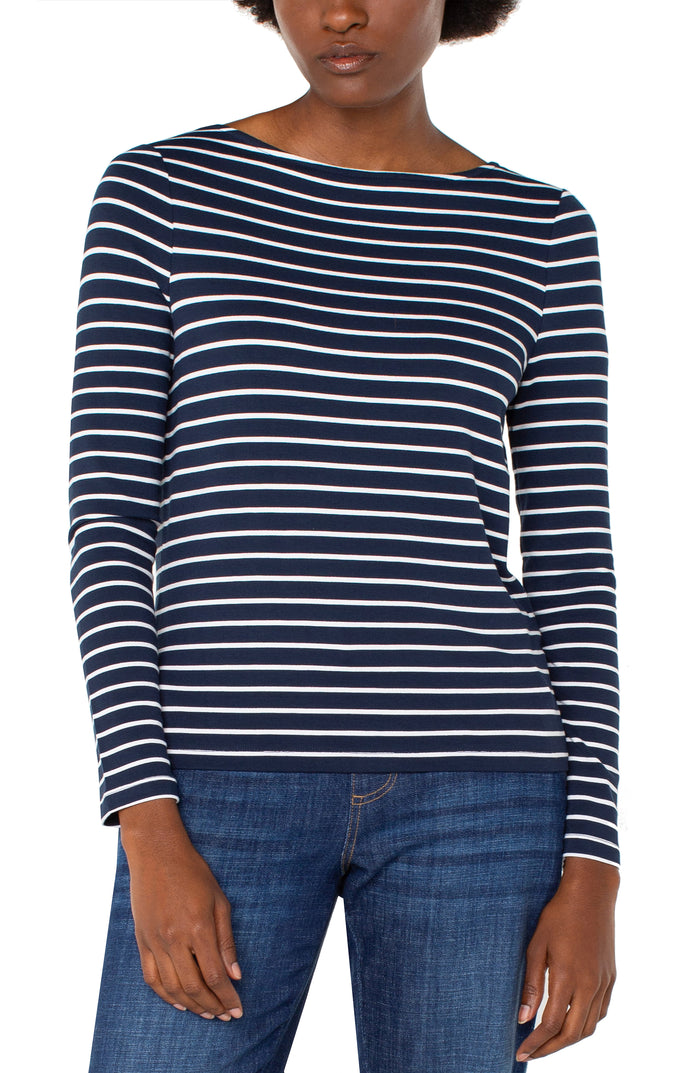 Long-Sleeve Striped Boatneck Top | Dark Navy/White