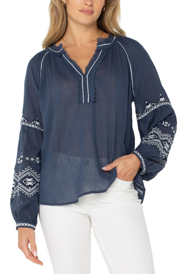 Long-Sleeve Raglan Woven Blouse w/ Embroidery | Insignia Blue