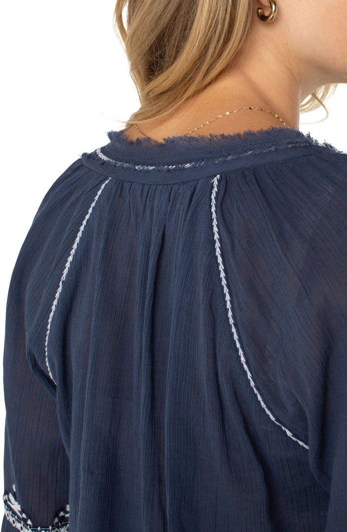 Long-Sleeve Raglan Woven Blouse w/ Embroidery | Insignia Blue