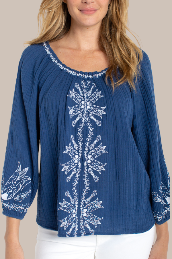 3/4 Sleeve Woven with Embroidery | Liberty Blue