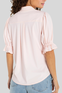 Elbow Puff Sleeve Snap Front Knit Shirt | Light Pink