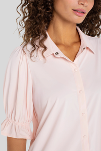 Elbow Puff Sleeve Snap Front Knit Shirt | Light Pink