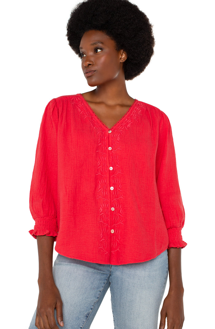 3/4 Sleeve Embroidered Woven Blouse | Geranium