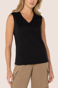 Sleeveless V-Neck Woven Knit Top | Black