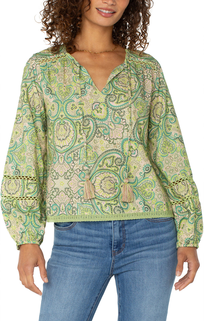 Tie Front Shirred Blouse With Trim | Green Pink Paisley