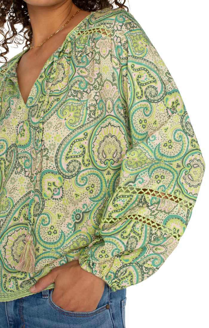 Tie Front Shirred Blouse With Trim | Green Pink Paisley