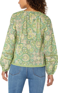 Tie Front Shirred Blouse With Trim | Green Pink Paisley